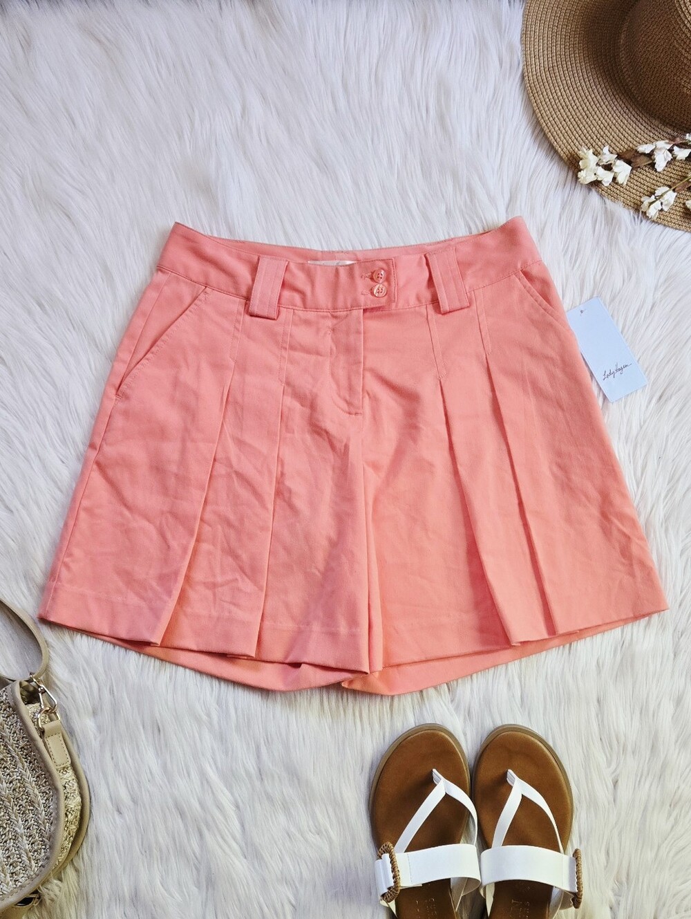 Lady Hagen Coral Pink Pleated High-Waist Shorts
